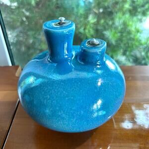 Vintage Latterman Studio Pottery Oil Lamp – Blue Glazed Double Spout,